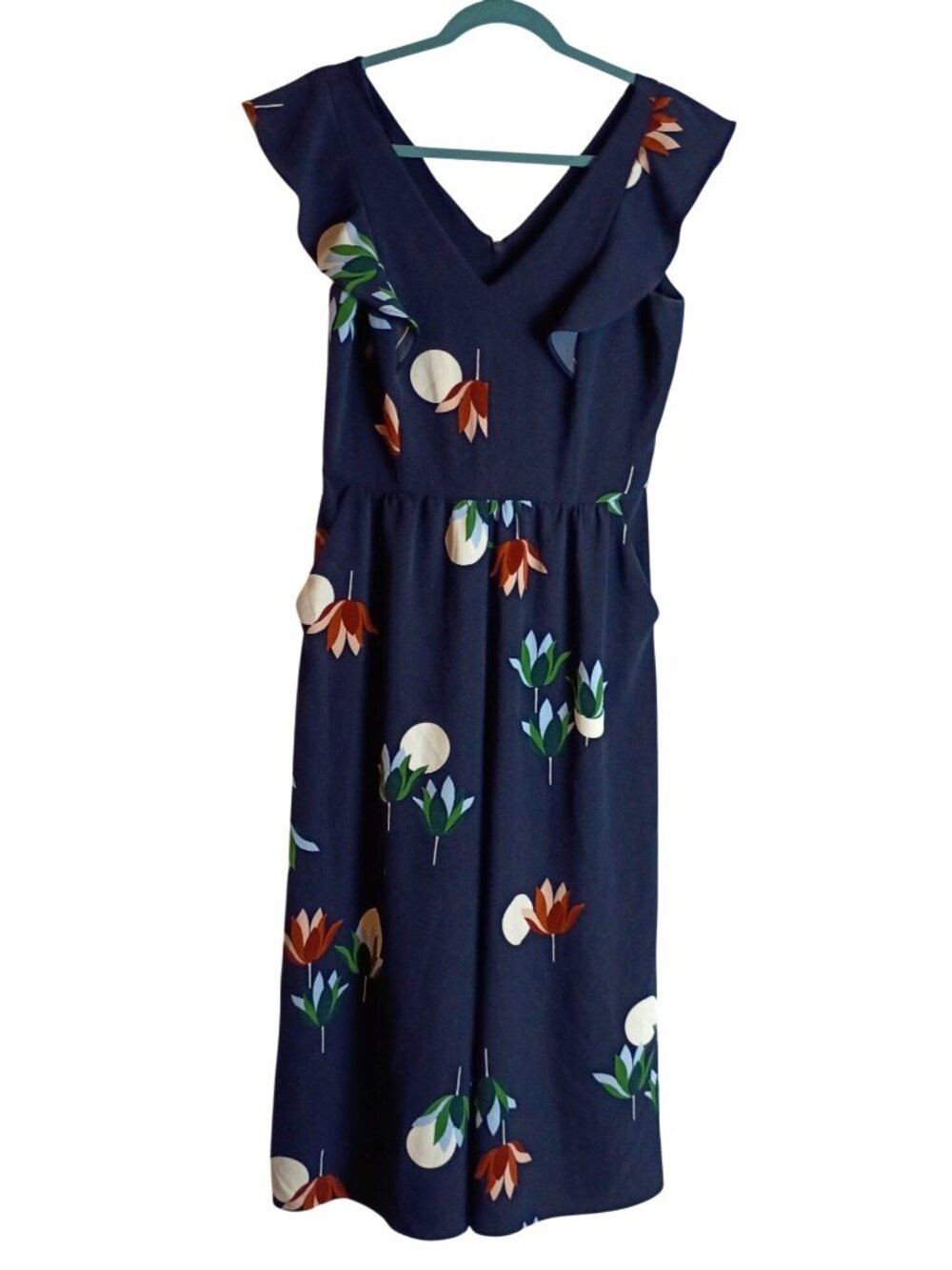Ann Taylor Factory Womens 4P Navy Floral Wide Leg Jumpsuit Ruffle Sleeve Petite
